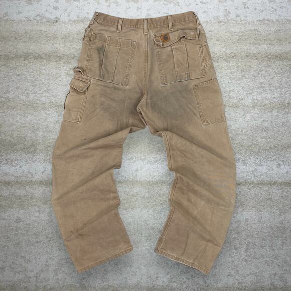 Vintage 90s Carhartt Carpenter Cargo Pants 36x32 Baggy Wide Leg Fit Tan Canvas